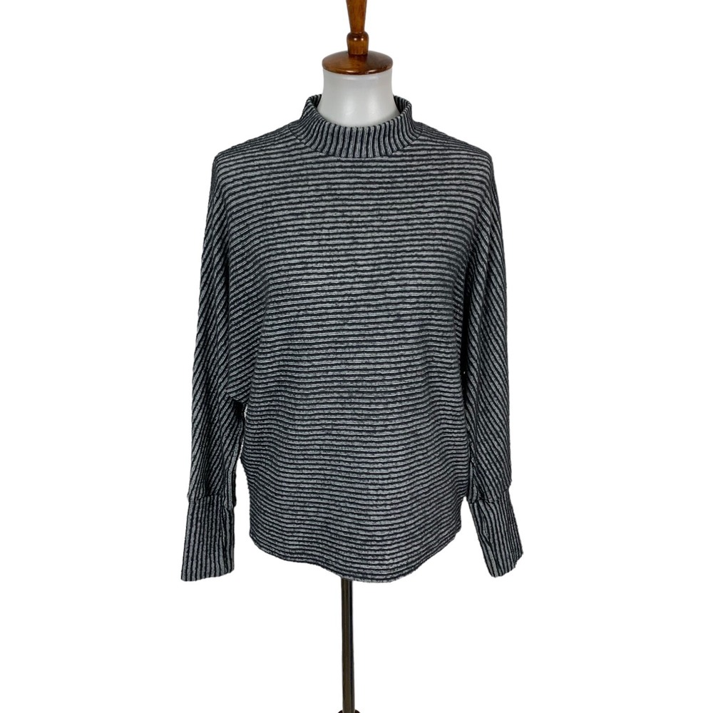 Out From Under Striped Mock Neck‎ Long Sleeve Pullover Top Gray White Small